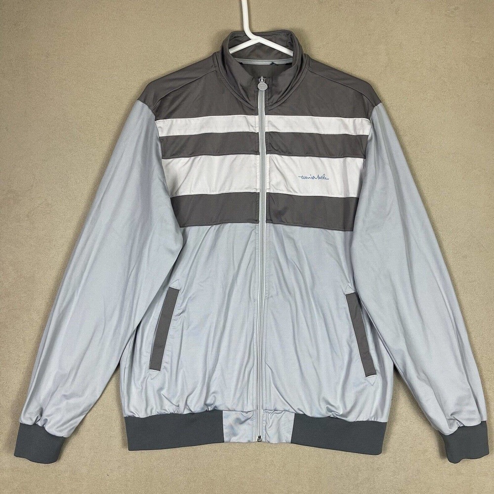 Travis Mathew Mens L Full Zip Golf Jacket Mock Neck Pockets Stretch Gray Striped